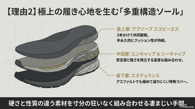 最上層のアブゾーブSBS、中間層のエンキャップとシーキャップ、最下層のエヌデュランスを組み合わせた極上の履き心地を生む多重構造ソールの解説